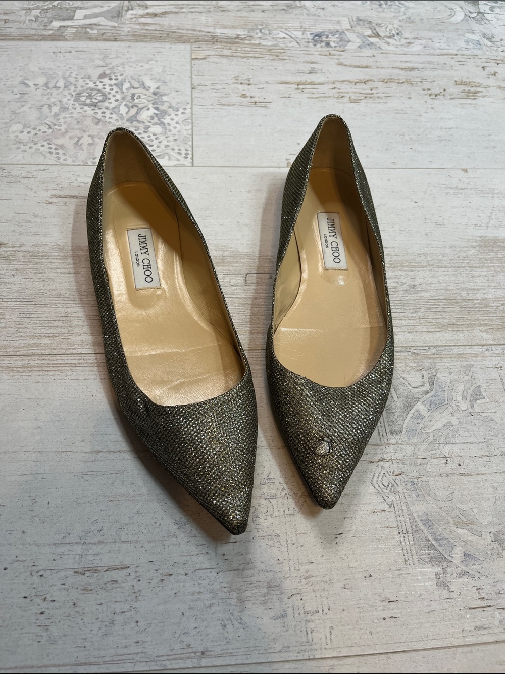 Jimmy Choo Metallic Mesh Pointed Toe Flats Size 41